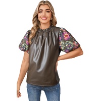 Four Leaf Clover Floral Bubble Sleeve Patchwork Leatherette Frilled Round Neck Blouse - L