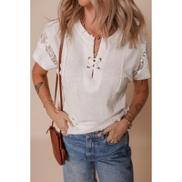 White Ribbed Texture Lace Patchwork Short Sleeve Top - M