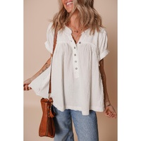 White Textured Short Sleeve Buttons Frayed Blouse - L