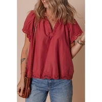 Red Dahlia Floral Embroidered Scallop Trim Short Sleeve V Neck Blouse - L
