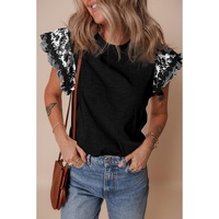 Black Ricrac Trim Printed Flutter Sleeve Contrast Patchwork Blouse - L