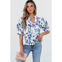 Purple Floral Ricrac Trim Half Sleeve Peplum Top - L