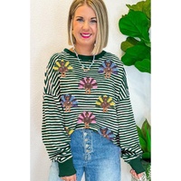 Green Stripe Turkey Pattern Drop Shoulder Pullover Top - 2XL