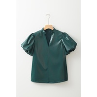 Sea Green  Notched V Neck Short Puff Sleeve PU Leather Blouse - L