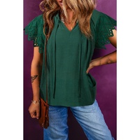 Green Bay Eyelet Embroidered Sleeve Tie V Neck Blouse - L