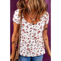 White Boho Floral Ruched Cinched Short Sleeve Blouse - L