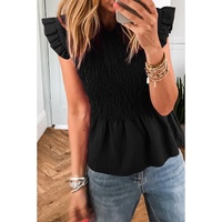 Black Ruffle Short Sleeve Shirred Peplum Top - XL