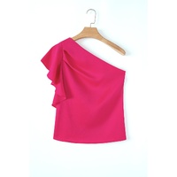 Strawberry Pink Asymmetric Shoulder Ruffle Sleeve Elegant Blouse - L