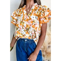 Russet Orange Ruffled V Neck Scalloped Short Sleeve Floral Blouse - L