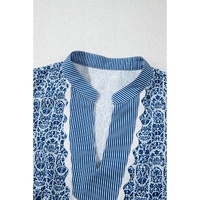 Blue Floral Striped Print Contrast Ric-rac Puff Sleeve Top - L