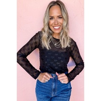 Black Mesh Bow Pattern Long Sleeve Top - S