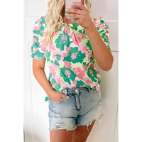 Green Abstract Print Frilly Neck Ruched Short Sleeve Blouse - M