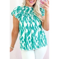 Sky Blue Abstract Print Frilled Crewneck Loose Fit Blouse - L
