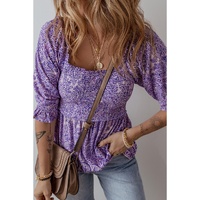 Purple Boho Paisley Print Half Sleeve Shirred Peplum Blouse - L