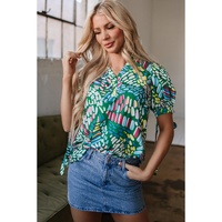 Green Brushwork Geometric Print Puff Sleeve Notched Neck Blouse - L