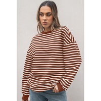 Coffee Striped Long Sleeve Round Neck Loose Top - L