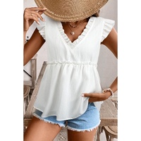 White Textured Ruffled Trim V Neck Flutter Flowy Top - S