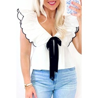 White Contrast Bow Ruffle Trim V Neck Blouse - L