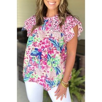 Pink Floral Mixed Print Ruffle Cap Sleeve Blouse - L