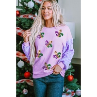 Orchid Petal Sequin Patchwork Long Sleeve Fleur de Lis Patched Pattern Top - L
