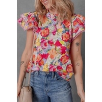 Multicolour Lace Trim Ruffle Short Sleeve Floral Blouse - XL