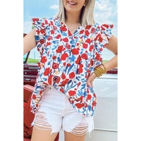 Red Flowers Pintuck Detail V-Neck Ruffled Sleeve Top - L