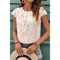 Pink Floral Print Embroidery Detail Crochet Cap Sleeve Blouse - L