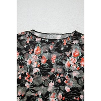 Black Floral Mesh Sheer Long Sleeve Top - L