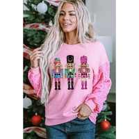 Pink Nutcracker Graphic Christmas Sequin Sleeve Drop Shoulder Top - XL