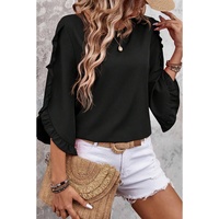 Black Ruffle Trimmed 3/4 Sleeve Round Neck Blouse - L