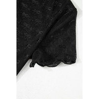 Black Bowknot Sheer Mesh Mock Neck Lettuce Trim Short Sleeve Top - M