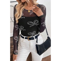Black Round Neck Bow Print Long Sleeve Mesh Top - L