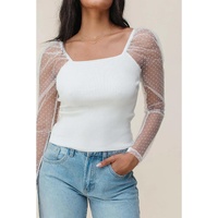 White Swiss Dot Mesh Long Sleeve Square Neck Slim Top - XL