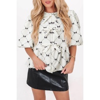White Bowknot Print Front Knots Bubble Sleeve Blouse - L