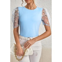 Beau Blue Floral Mesh Puff Sleeve Crew Neck Top - L