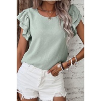 Clearly Aqua Solid Color Ruffled Short Sleeve Casual Blouse - L