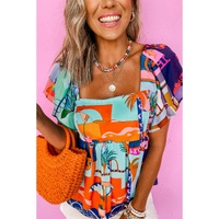 Sky Blue Tropical Printed Square Neck Flutter Sleeve Babydoll Blouse - L