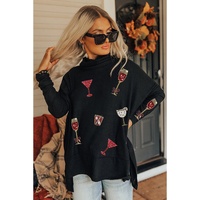 Black Drinks Patched Graphic Dolman Sleeve High Neck Split Top - S
