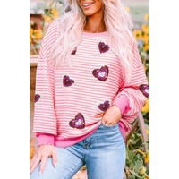Pink Stripe Sequin Heart Patched Pattern Long Sleeve Valentines Top - 2XL