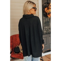 Black Valentines Chenille Heart Patched Dolman Sleeve High Neck Split Top - M