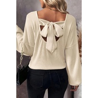 White Knot Back Drop Shoulder Ribbed Long Sleeve Blouse - L