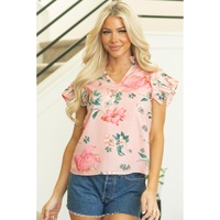 Pink Floral Print Frilled V Neck Pleated Sleeve Blouse - L