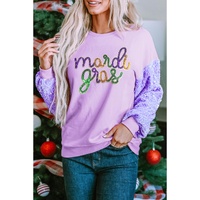 Orchid Petal mardi gras Graphic Sequin Patchwork Long Sleeve Top - L