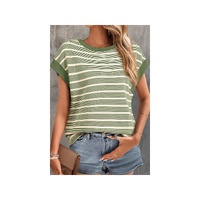 Green Stripe Contrast Edge Short Batwing Sleeve T Shirt - L