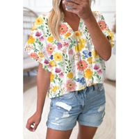 Yellow Floral Boxy Fit Ruffled Short Sleeve V Neck Blouse - L