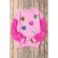 Pink Valentine Shiny Slogan Heart Sequin Sleeve Patchwork Pullover Top - S