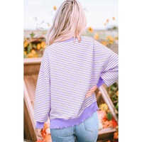 Purple Stripe mardi gras Sequin Patched Graphic Drop Shoulder Top - L