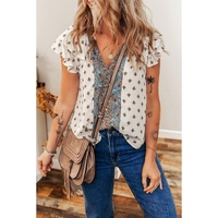 White Boho Pattern Tiered Ruffled Sleeve V Neck Buttoned Blouse - S