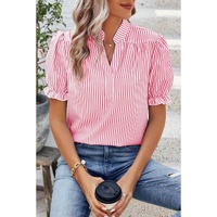 Pink Stripe Notched Neck Frilled Short Puff Sleeve Blouse - L