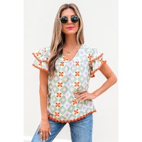 Green Geometric Floral Print Layered Flutter Sleeve V Neck Ric Rac Trim Blouse - M
